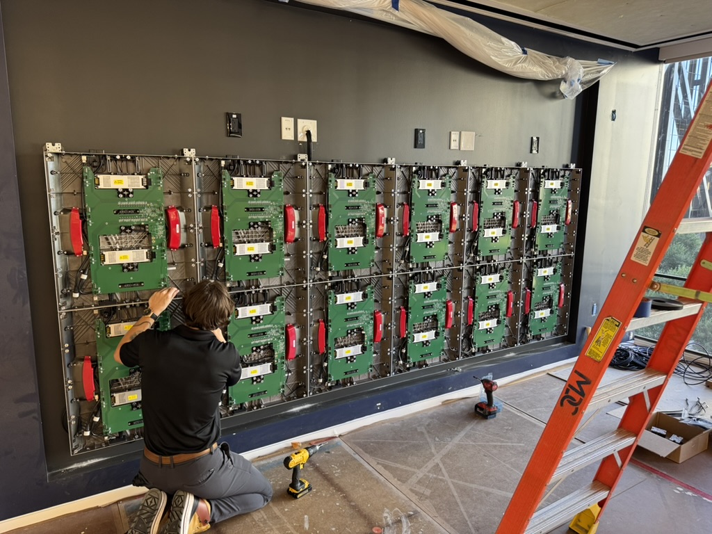 Rear structure of LED display wall during installation at Boston Properties