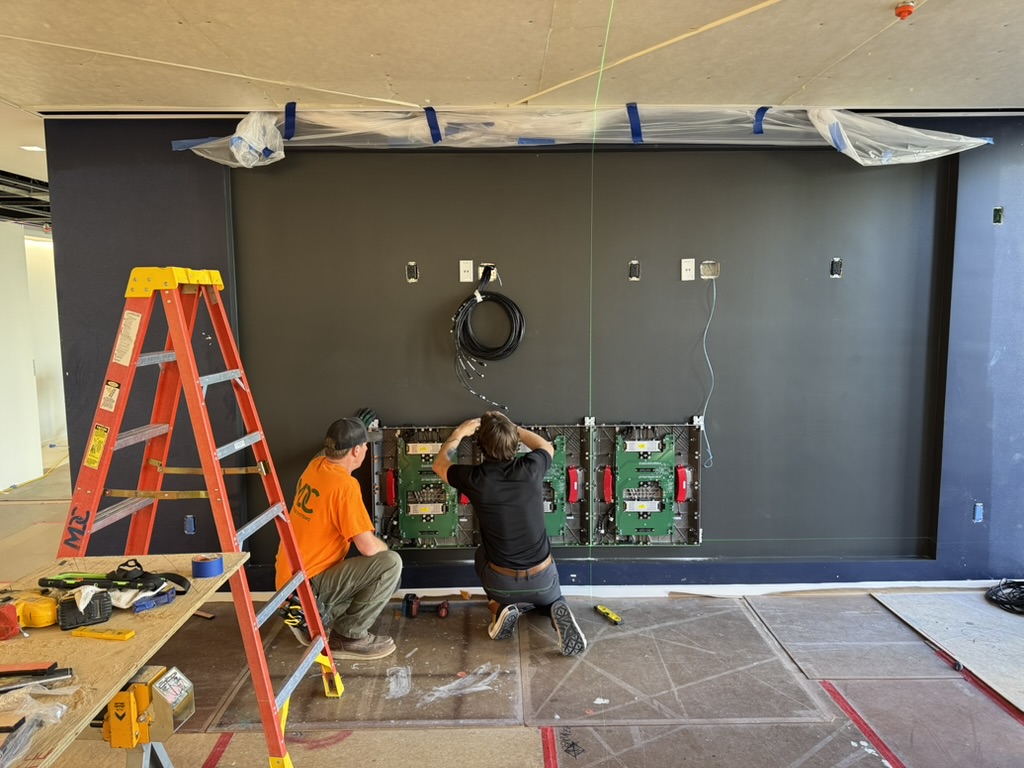 Early LED wall placement and alignment work at Boston Properties