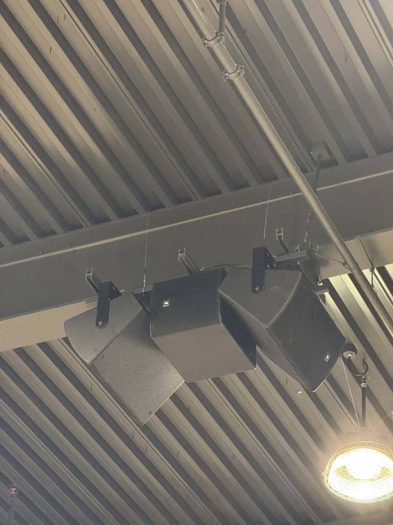 Completed speaker cluster in the main gym at Burlingame High School