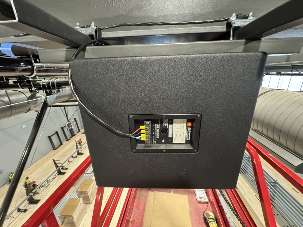 Rear view of a mounted gym speaker at Burlingame High School