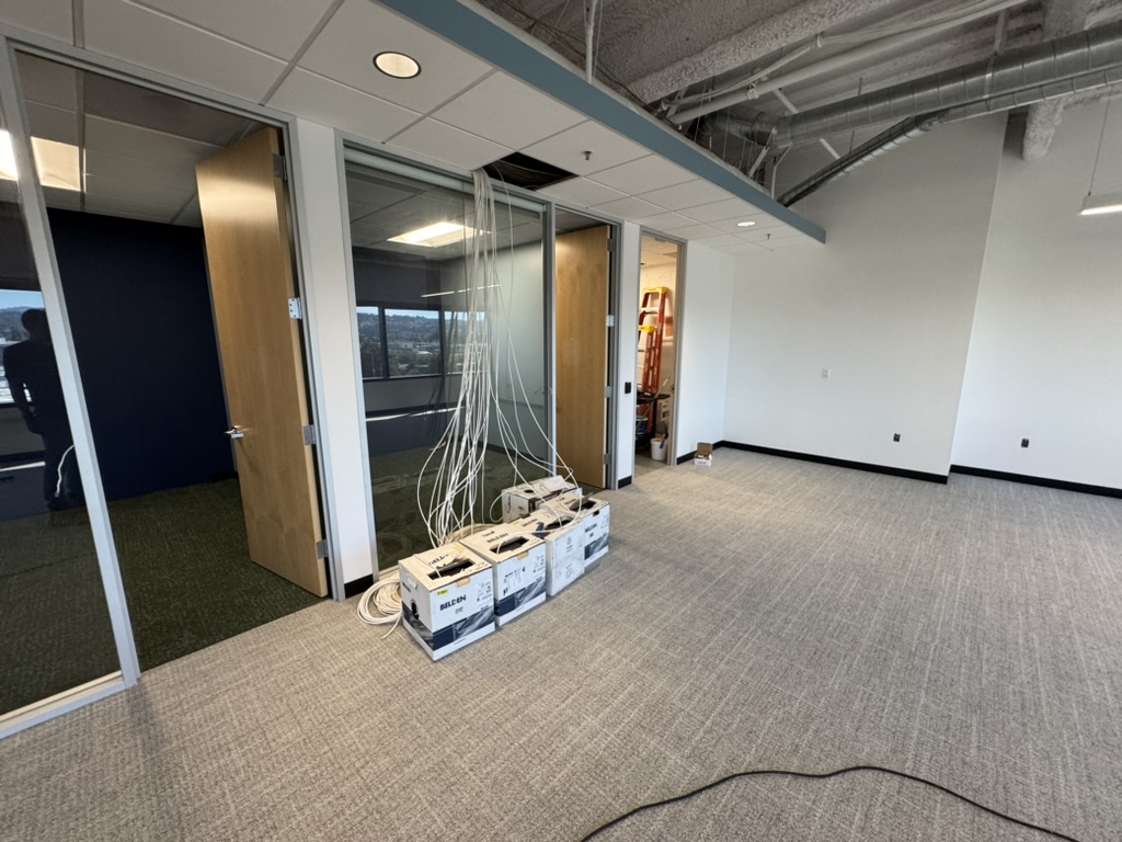 Cable drops staged through private office walls during the Xero installation