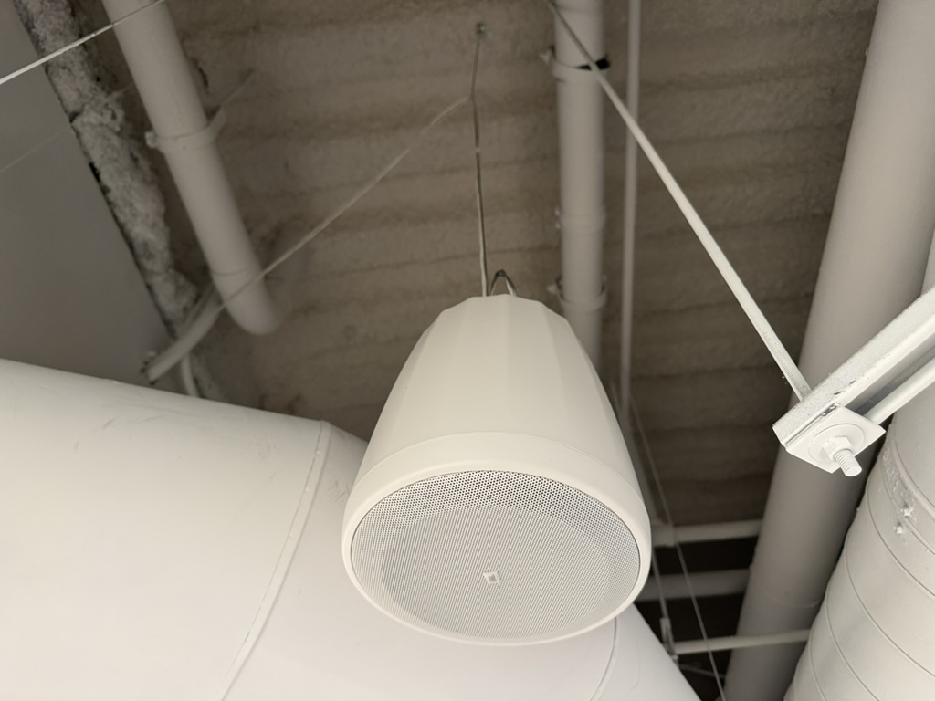 Installed pendant speaker in the Sansome tenant workout room